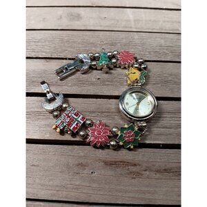 Christmas Watch Rumours Quartz Enameled Bracelet Poinsettias Presents Bells Tree